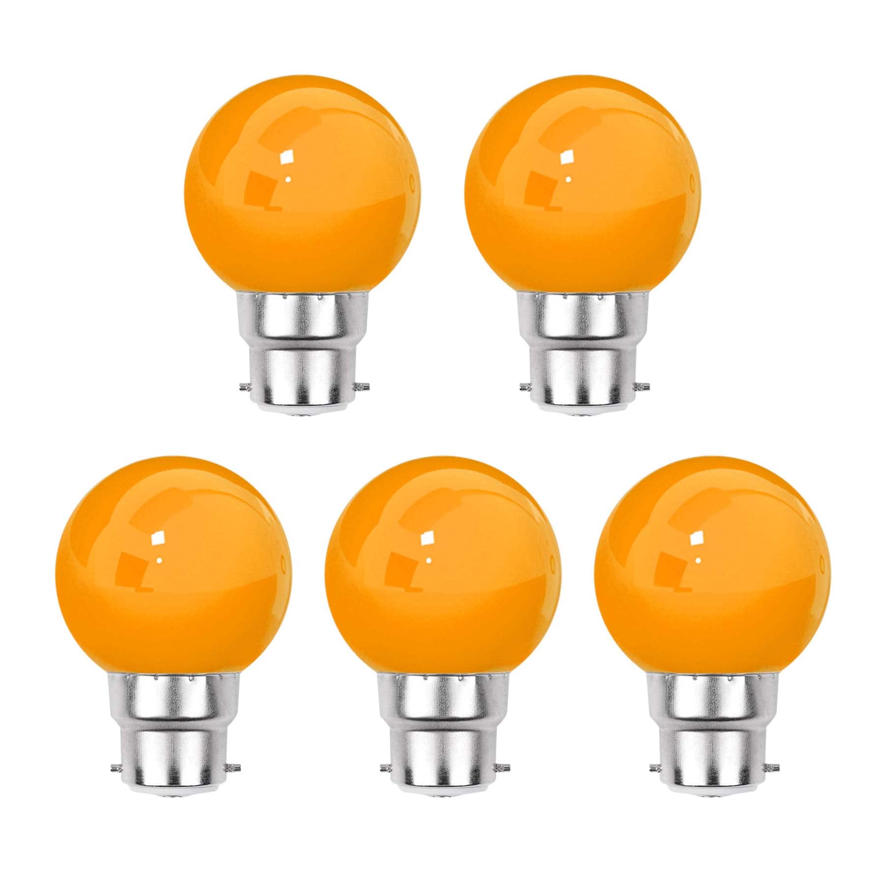 G.W.S® Pack of 5, B22 Bayonet 3W Orange, G45 LED Coloured Light Bulb, Garden Party Wedding Festoon Lights