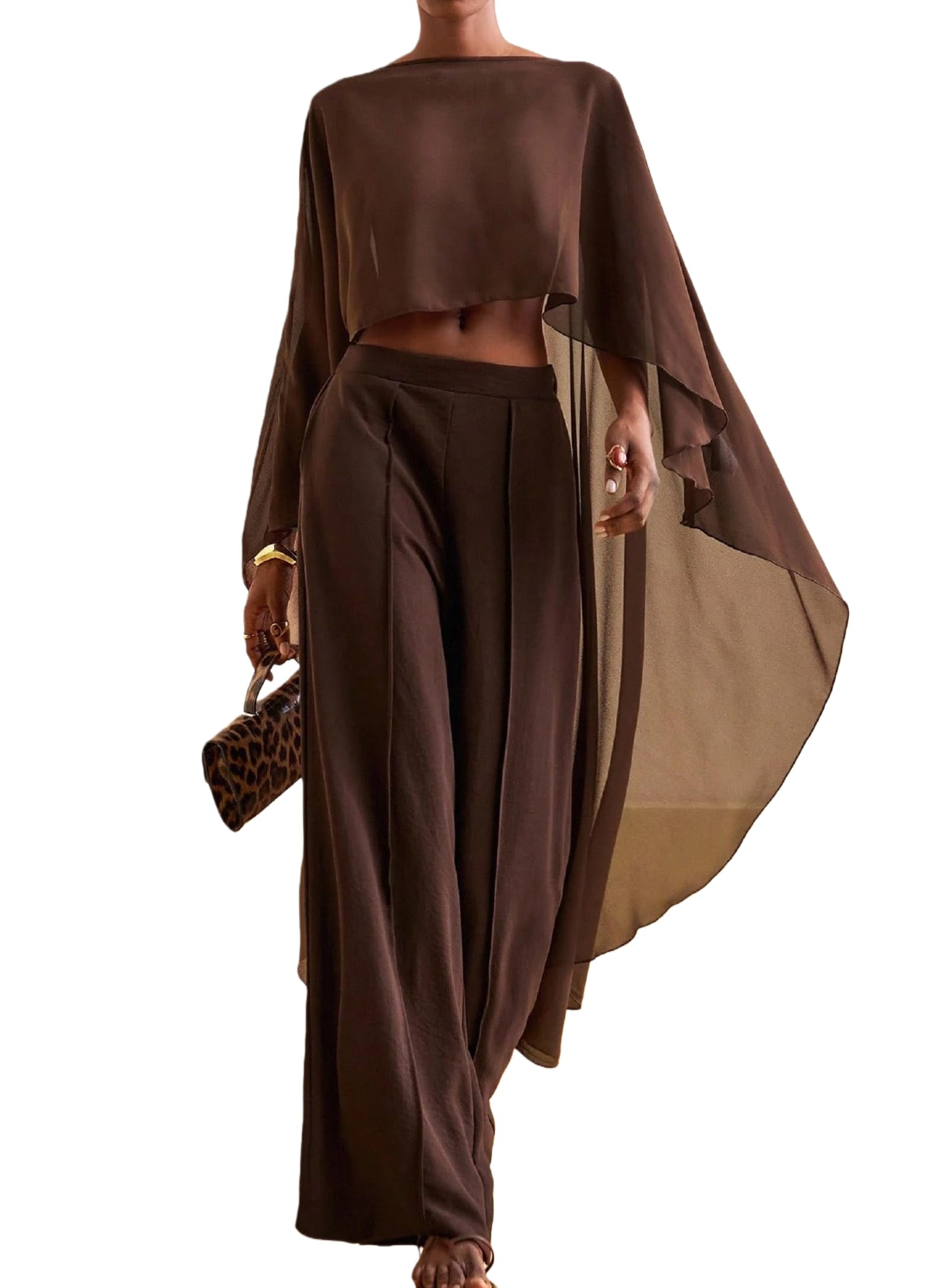 Women Chiffon Long Cape High Low Flowy Poncho Sheer Mesh Shawl and Wraps Capelets Bridal Wedding Evening-image-9