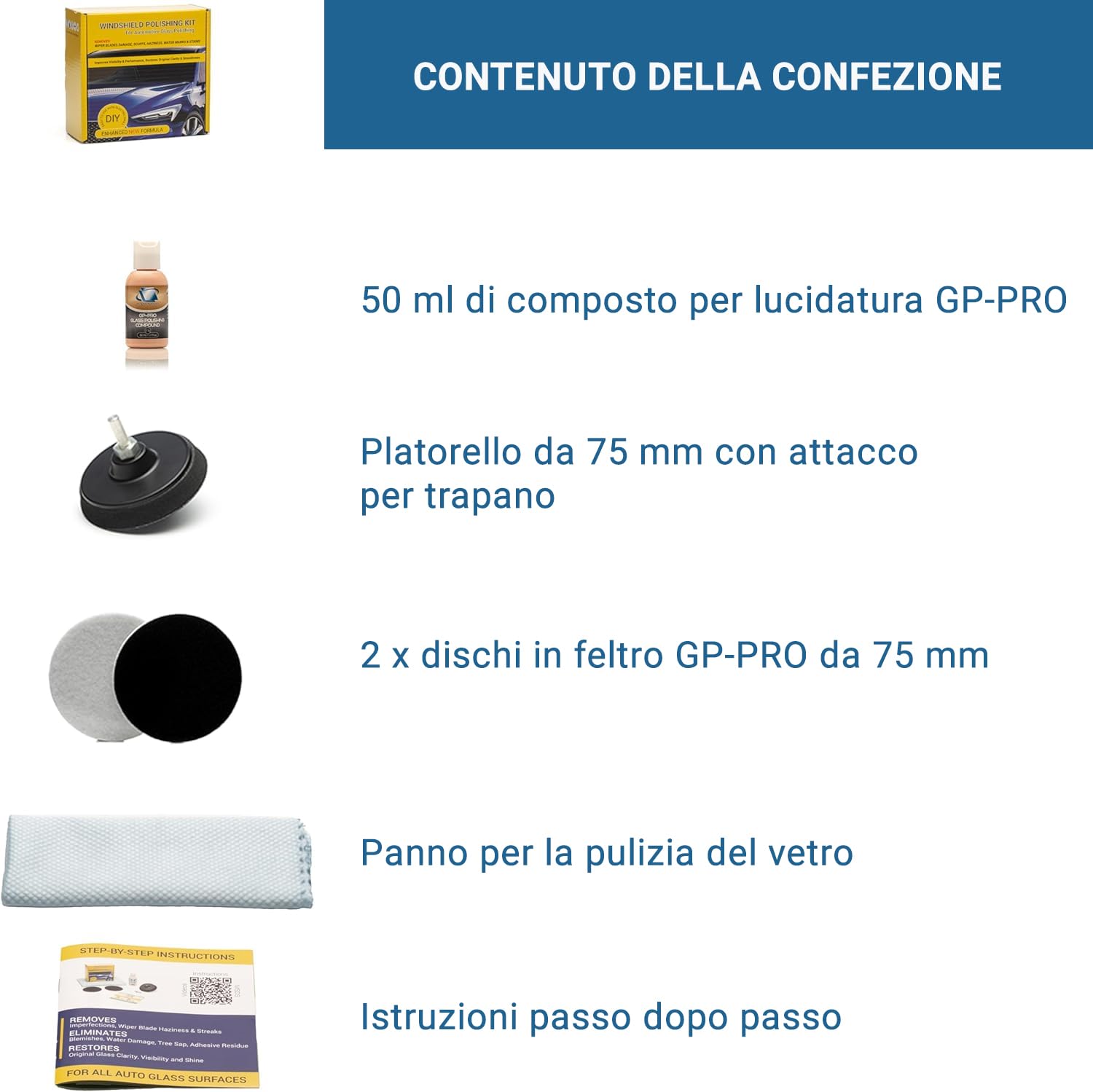 Glass Polish - Kit di lucidatura del parabrezza - Riparazione del vetro dell'auto fai da te da 75mm - Rimuovi i danni dalla spazzola del tergicristallo e ripristina la chiarezza e la lucentezza.