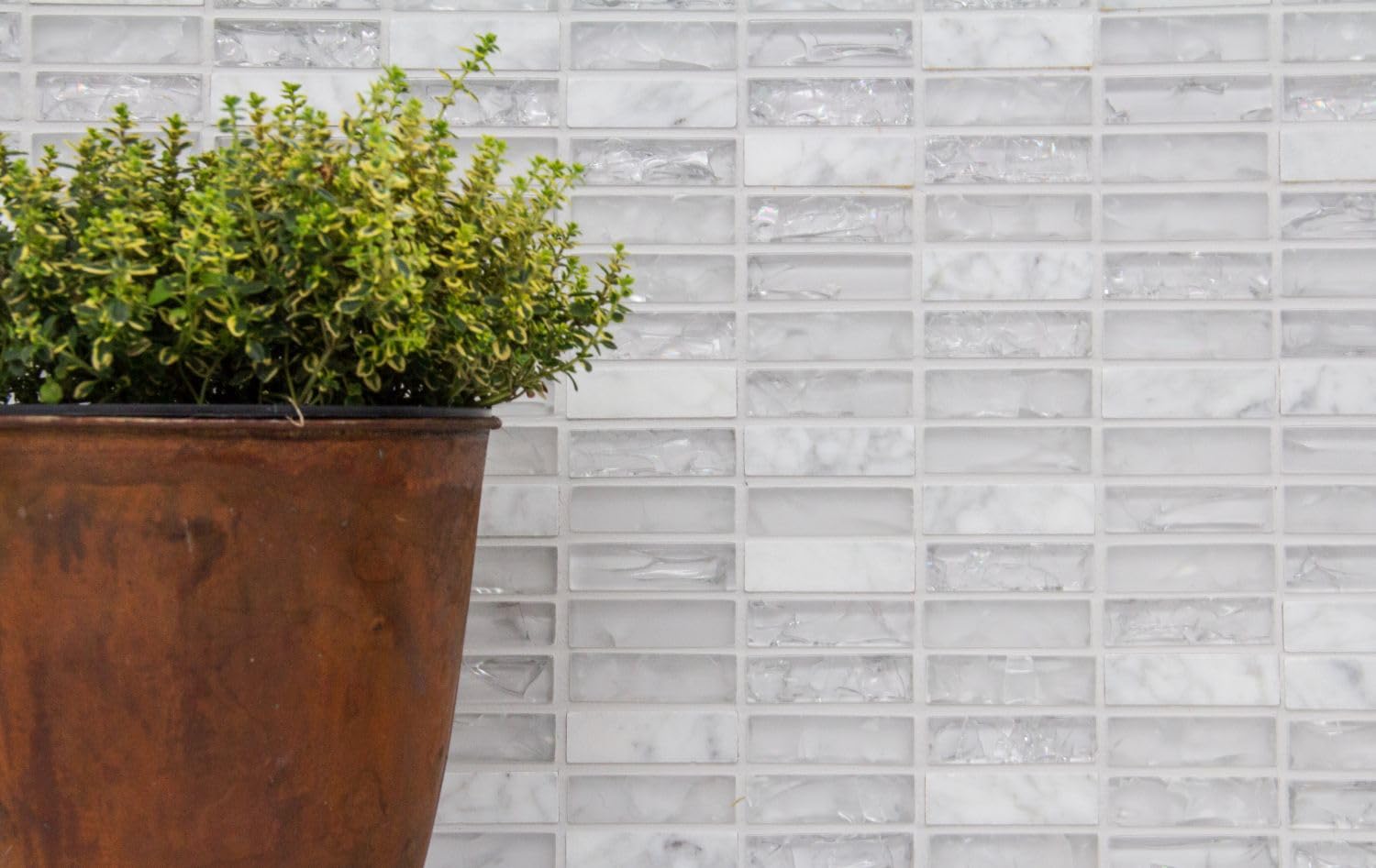 Pietre per mosaico in vetro Crystal/Pietra, bianco traslucido, 3D, formato: 15 x 50 x 8 mm, dimensioni foglio: 322 x 310 mm, 10 fogli