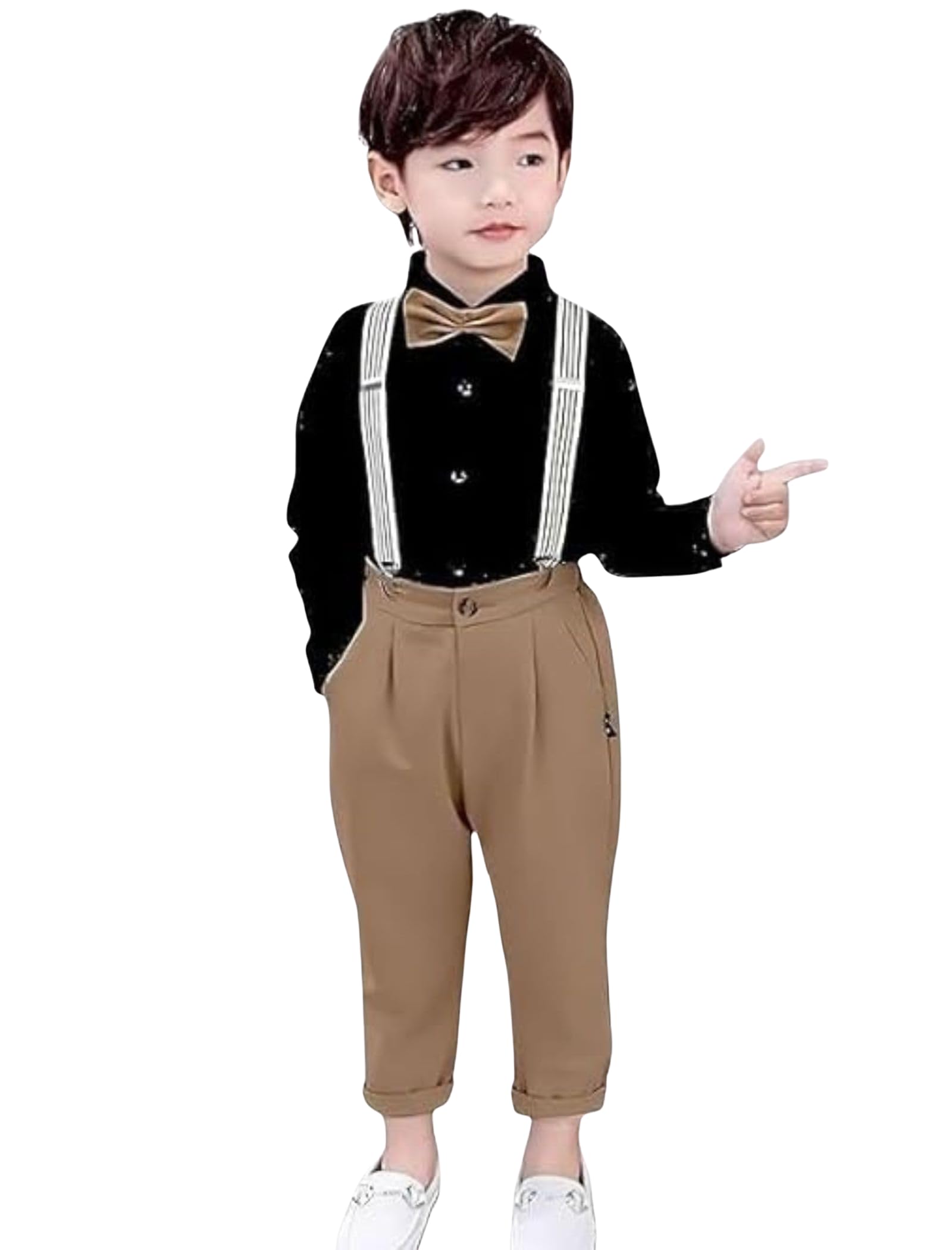 ROYALICA Kinderkleidung für Jungen, Baumwollmischgewebe, einfarbig, langärmelig, Hemd und Hose, Set mit Strapsen und Fliege, Bekleidungsset für Jungen.