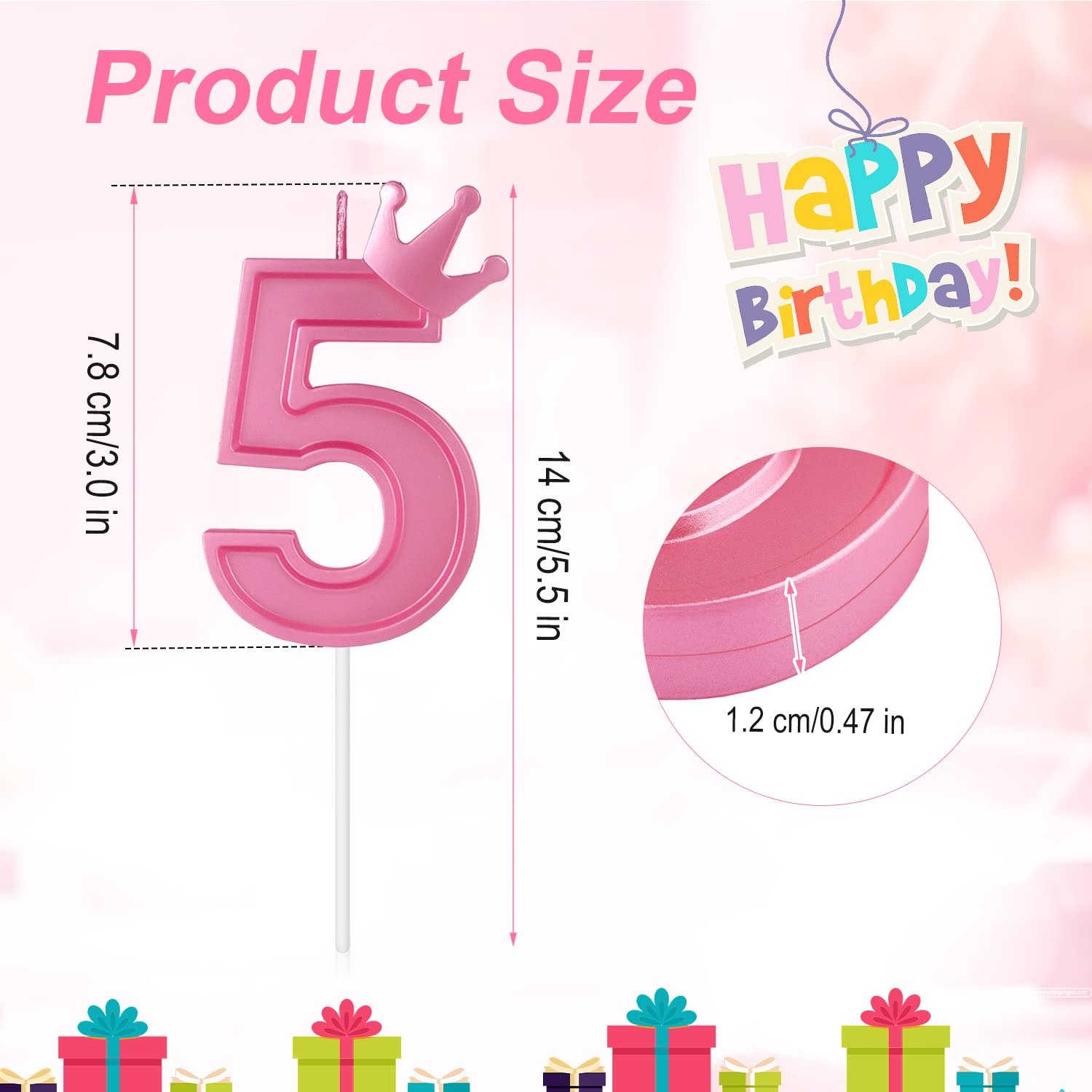 Candela Numero Di Compleanno 3D Con Corona 7,8 Cm - Rosa Cera Per Torta Compleanno, Matrimonio, Laurea - 3