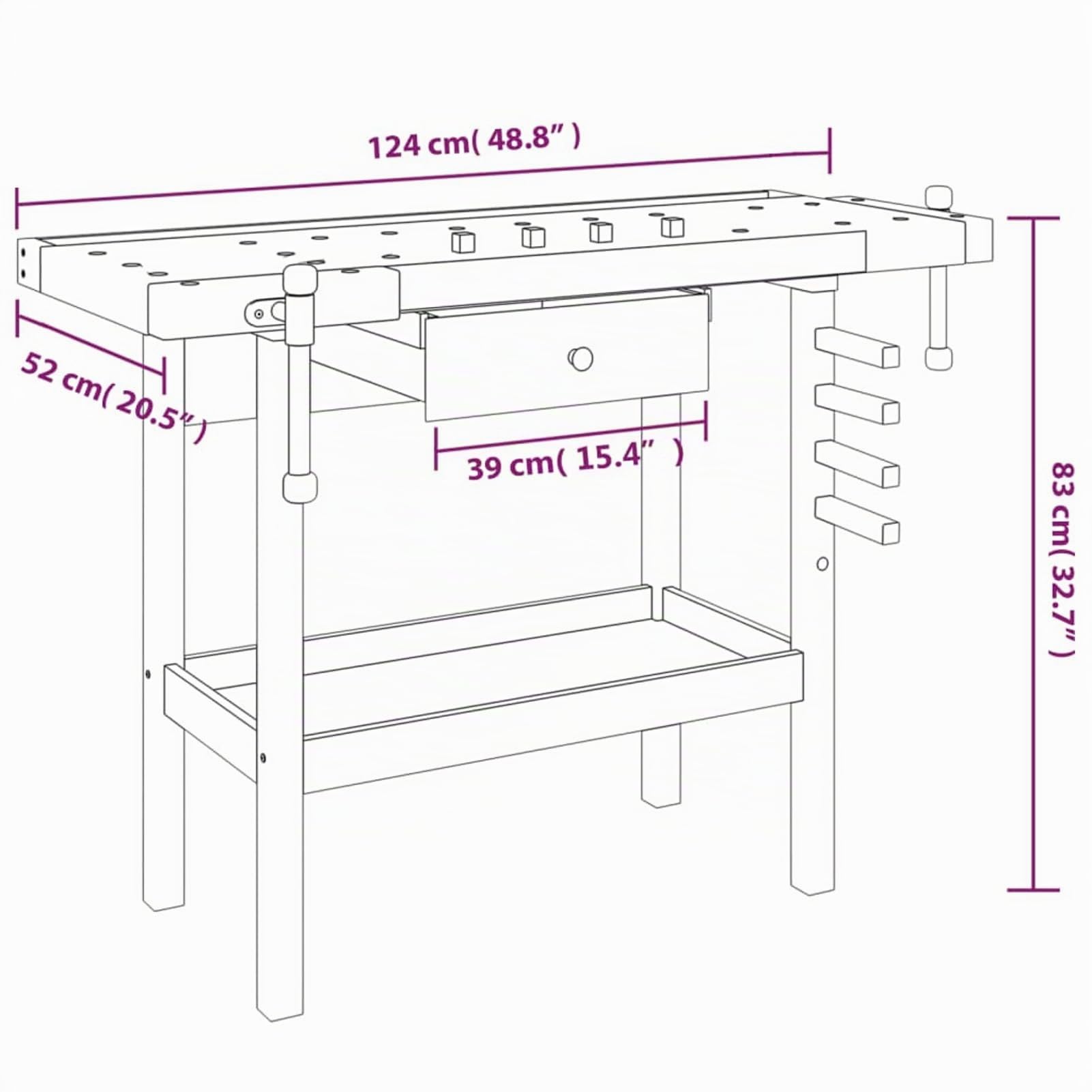 Festnight Banco de Trabajo de Madera Acacia 124x52x83cm, con Cajones Tornillos, Mesa de Trabajo Taller, Banco de Trabajo Taller, Mesa Trabajo, Banco de Carpintero, Banco Herramientas#3