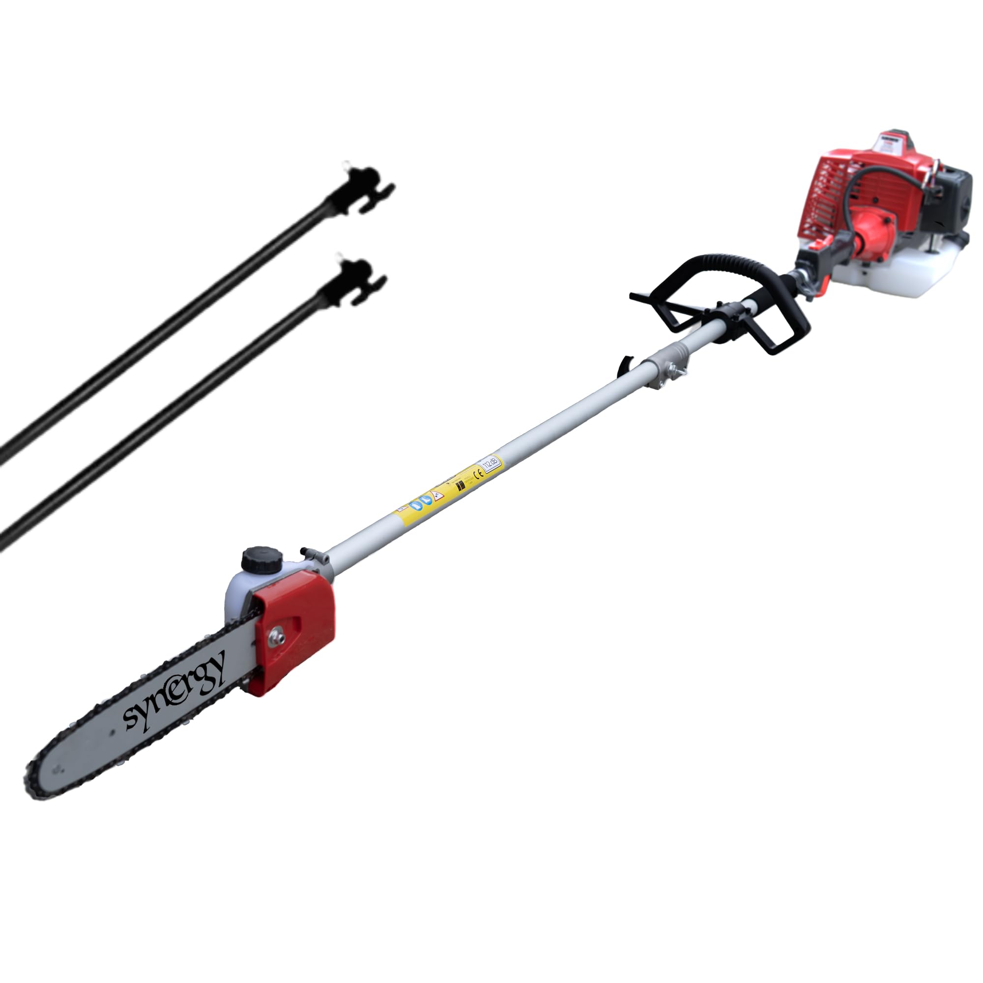Synergy Podadora telescópica gasolina 65cc 4,9CV, espada 25 cm, arranque Easy Cut, transmisión reforzada, cinturón, accesorios y 2 extensiones incluidas. Motosierra telescópica.