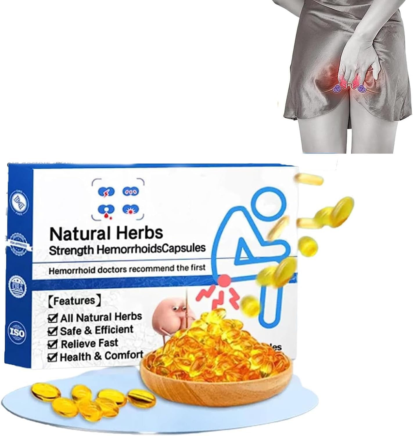 Natural Herbal Strength Hemorrhoid Capsules, Natural Hemorrhoid Relief Capsules,Haemorrhoids & Pile Cream, Rapid Hemorrhoid Treatment, Helps Relieve Itching,Burning (1Box)