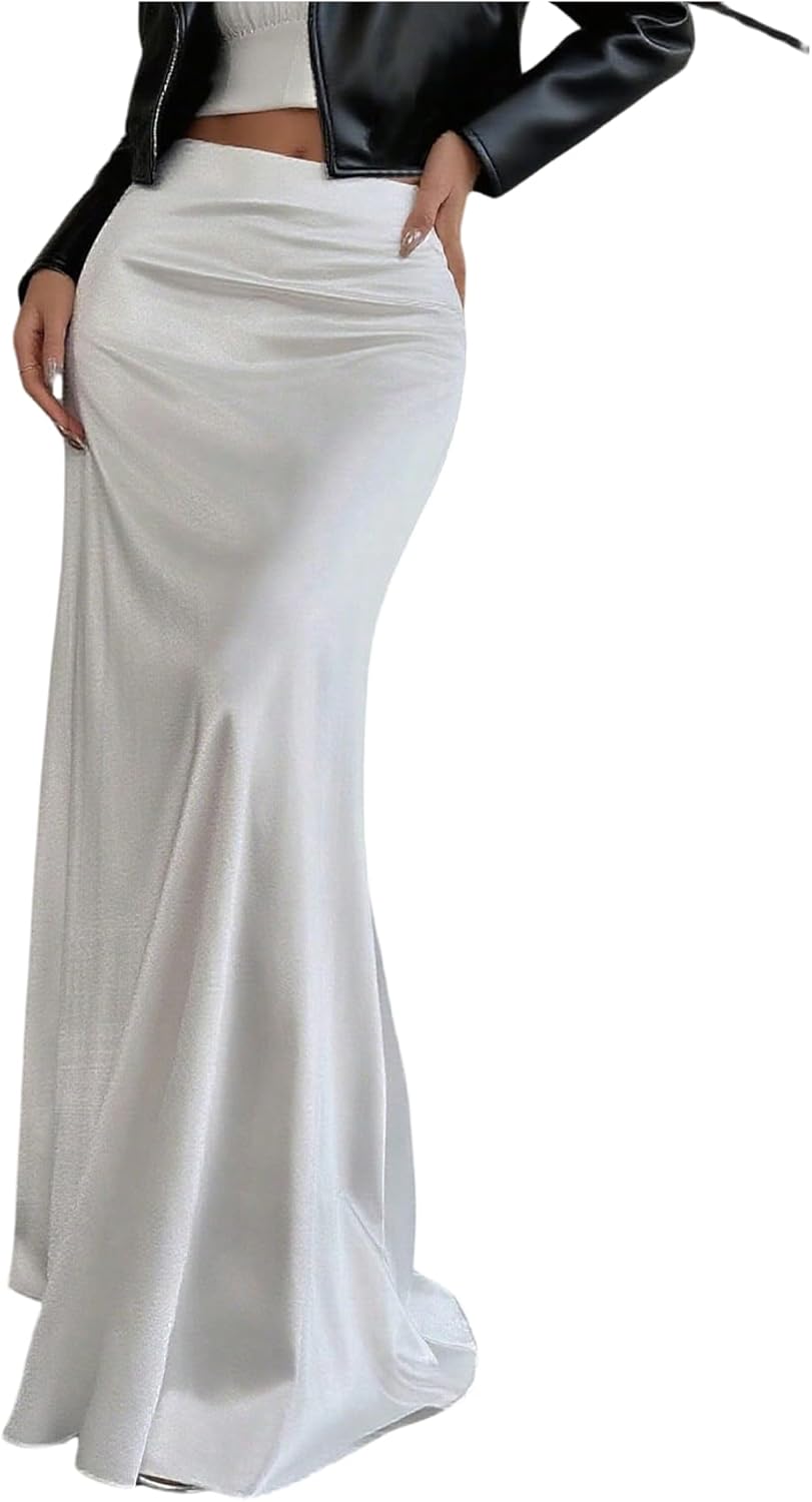 GORGLITTER Women's Elegant Floor Length Satin Maxi Skirt Wedding Evening Party High Waist A Line Flowy Long Skirts