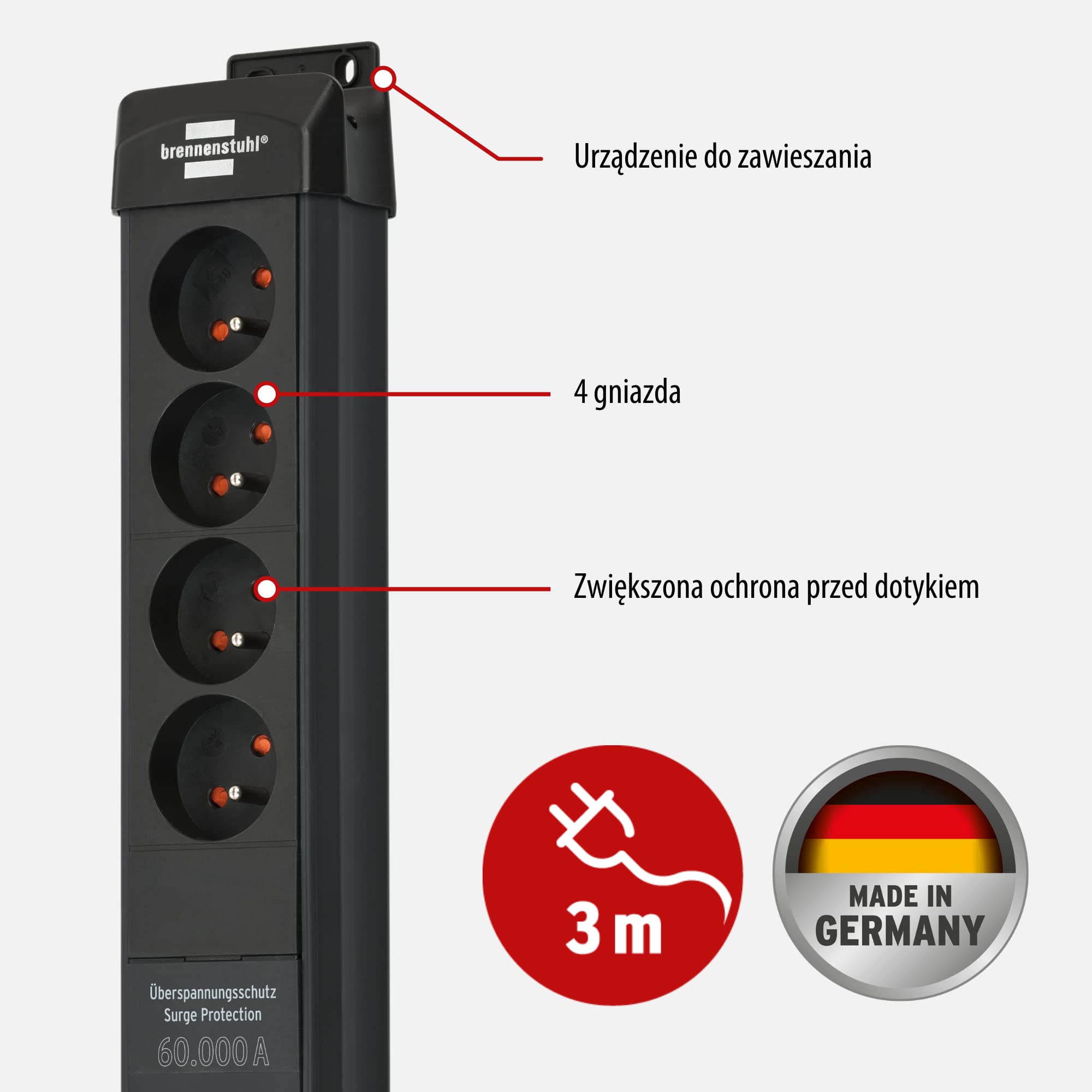 Brennenstuhl Premium-Line, Steckdosenleiste 4-fach, 3m | Mit Überspannungsschutz bis zu 60.000 A, mit Schalter, Made in Germany, schwarz