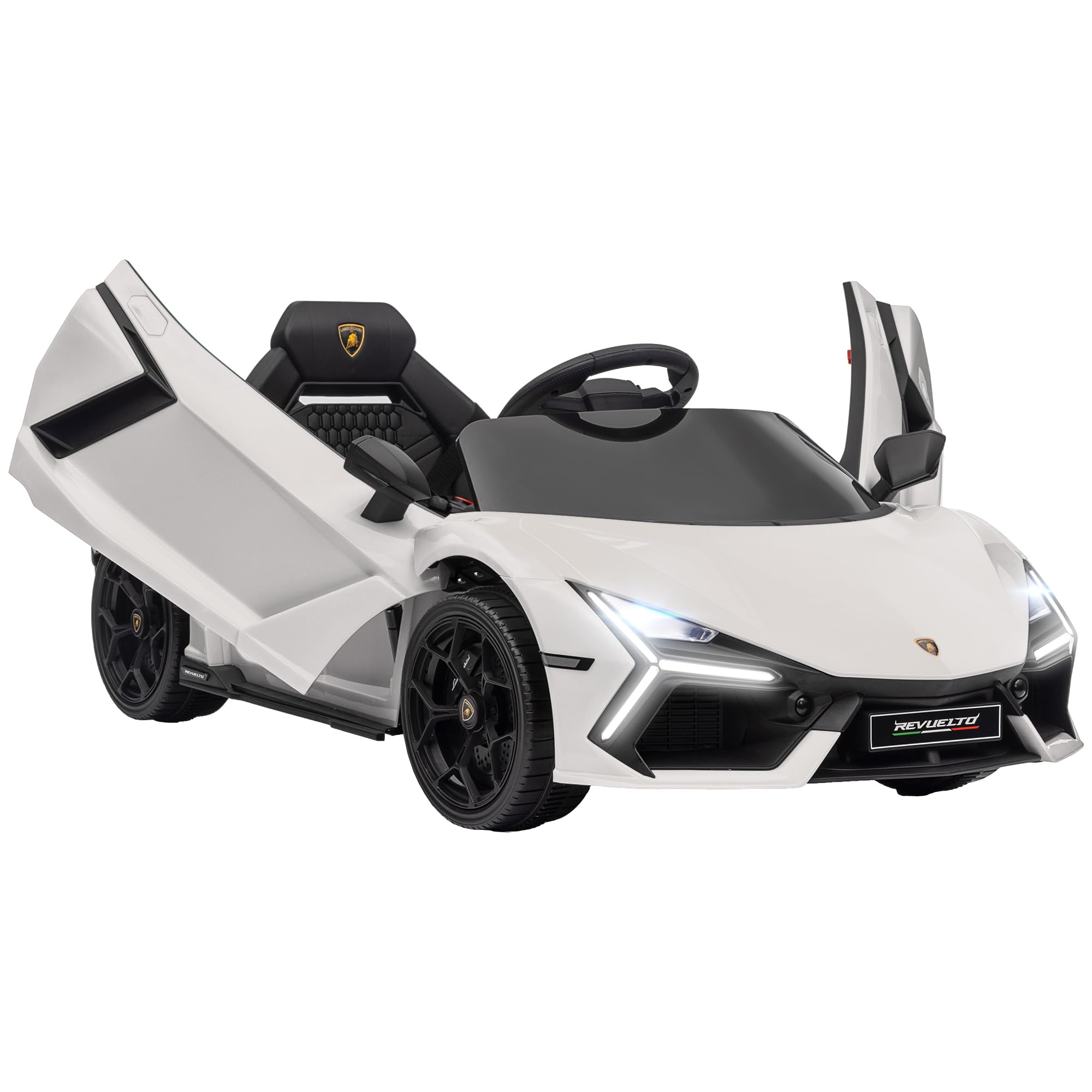 AIYAPLAY Macchina Elettrica per Bambini 12V Lamborghini Revuelto, Bianco | 3-5Anni, 3-5km/h, Auto Elettrica per Bambini, Porte a Farfalla, 2 Motori, Sospensioni, Telecomando, Musica, Rotelle, Fari