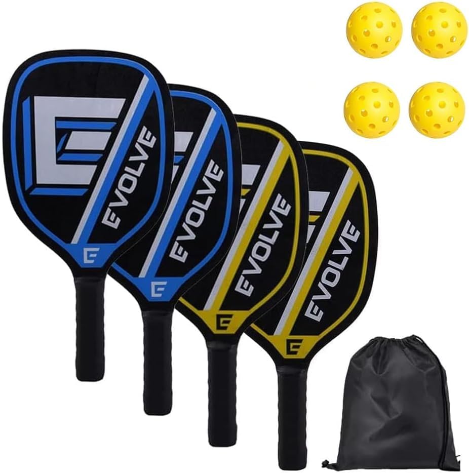 Wmmner Raqueta de Pickleball, juego de palas de pickleball, con 4 palas, 4 bolas, con bolsa de almacenamiento portátil, para uso interior y exterior, excelentes palas para principiantes (amarillo)