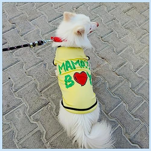 Image of Lulala Polyester Dog Shirts with Mama's BOY Pattern Casual T-Shirt Summer Printed Soft Breathable Puppy Sweatshirt Cool Outfit Apparel for Puppies, Kittens, Rabbits (Yellow, 10 INCH)