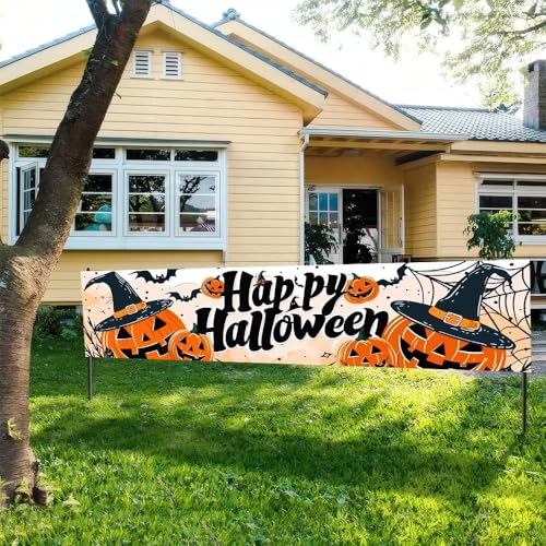 Image of Halloween Pumpkin Outdoor Banner 78.7 x 17.7 Inch Happy Halloween Scene with Jack O Lanterns Witch Hats Bats and Spider Webs for Yard Garden Fence Porch Patio or Outdoor Decoration