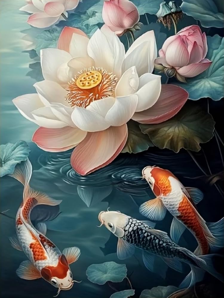 Brennora Stamped Cross Stitch Kits for Adults Lotus and Koi 11CT Counted Cross-Stitch Embroidery Patterns Beginners Home Decor 16x20 inch