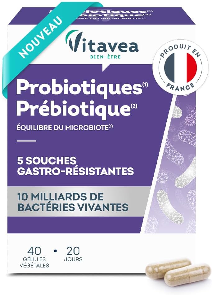 VITAVEA BIEN-ETRE – Probiotics Prebiotic – Probiotic Intestinal Flora – Intestinal and digestive balance – 5 probiotic strains & prebiotic – 40 capsules – 20 days – Made in France