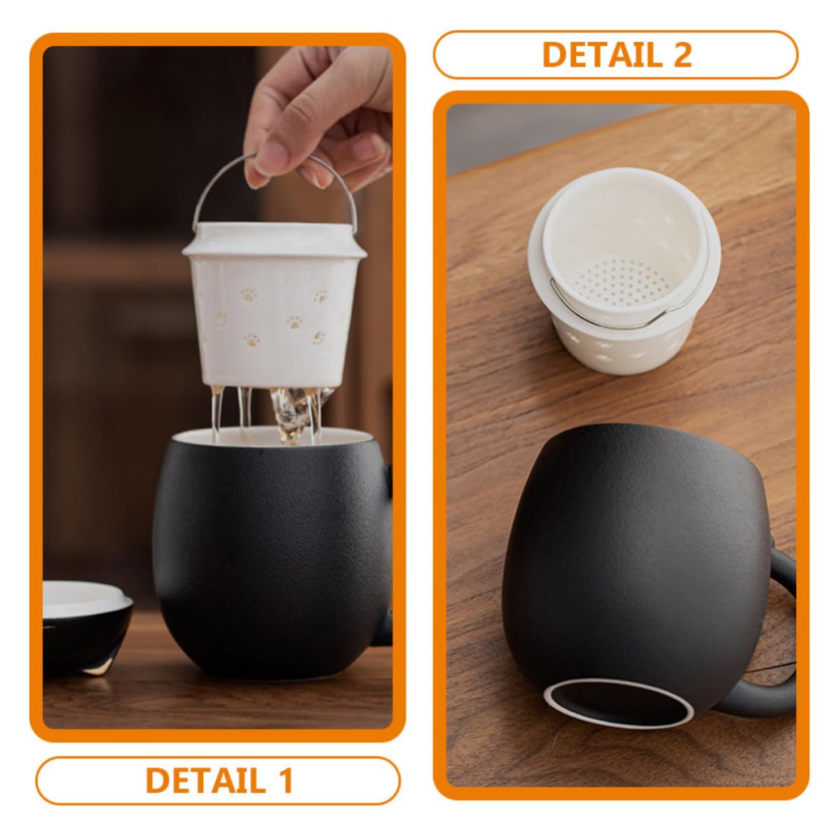 Tazza in Ceramica da 400ml con Filtro e Coperchio, Tazza Mug Nero Decorata con Gatto, per Ristoranti e Caffè