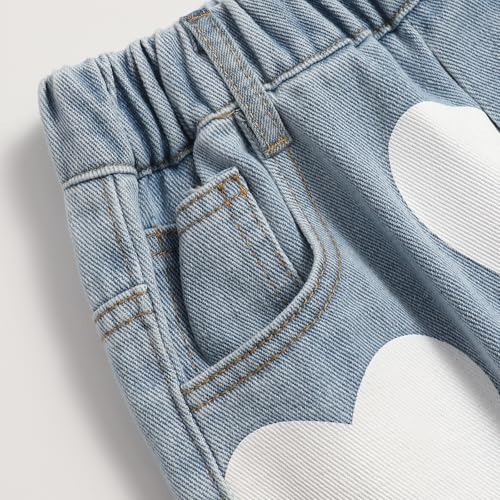 Girls' Cute Heart Print Elastic Waist Casual Wide Leg Ripped Denim Jeans4