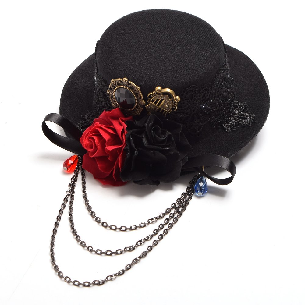 BLESSUME SteamPunk Women Black Mini Top Hat Hair Clip Rose Floral Lace Headwear Vintage(Size: One Size) - Image 3