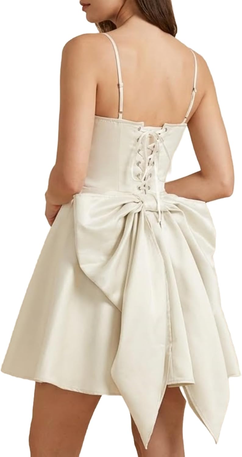 WDIRARA Women's Satin Bow Homecoming Dresses Spaghetti Strap Wedding Guest Gown Summer Mini Dress