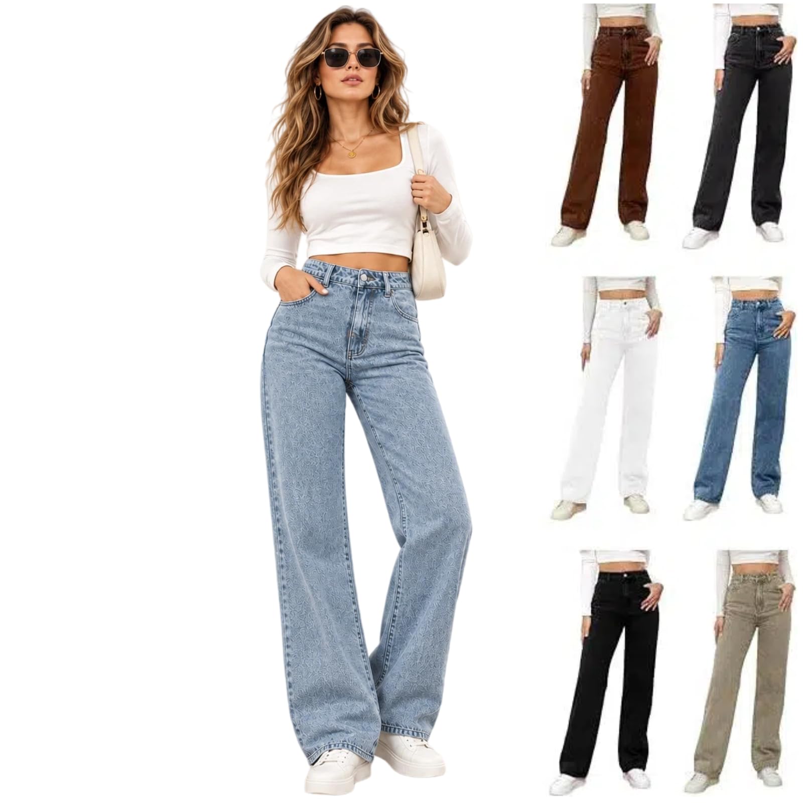 Womens Straight Leg Jeans High Waisted Stretchy Trousers Casual Y2K Pants