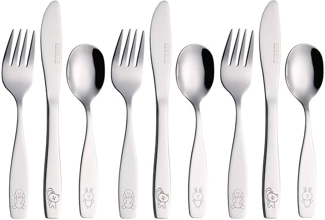 Exzact Childrens Cutlery 9pcs Set Stainless Steel Kid Cutlery/ Todler Silverware 3 x Forks, 3 x Safe Dinnerknives, 3 x Dinner Spoons - Dog Cat Bunny Design