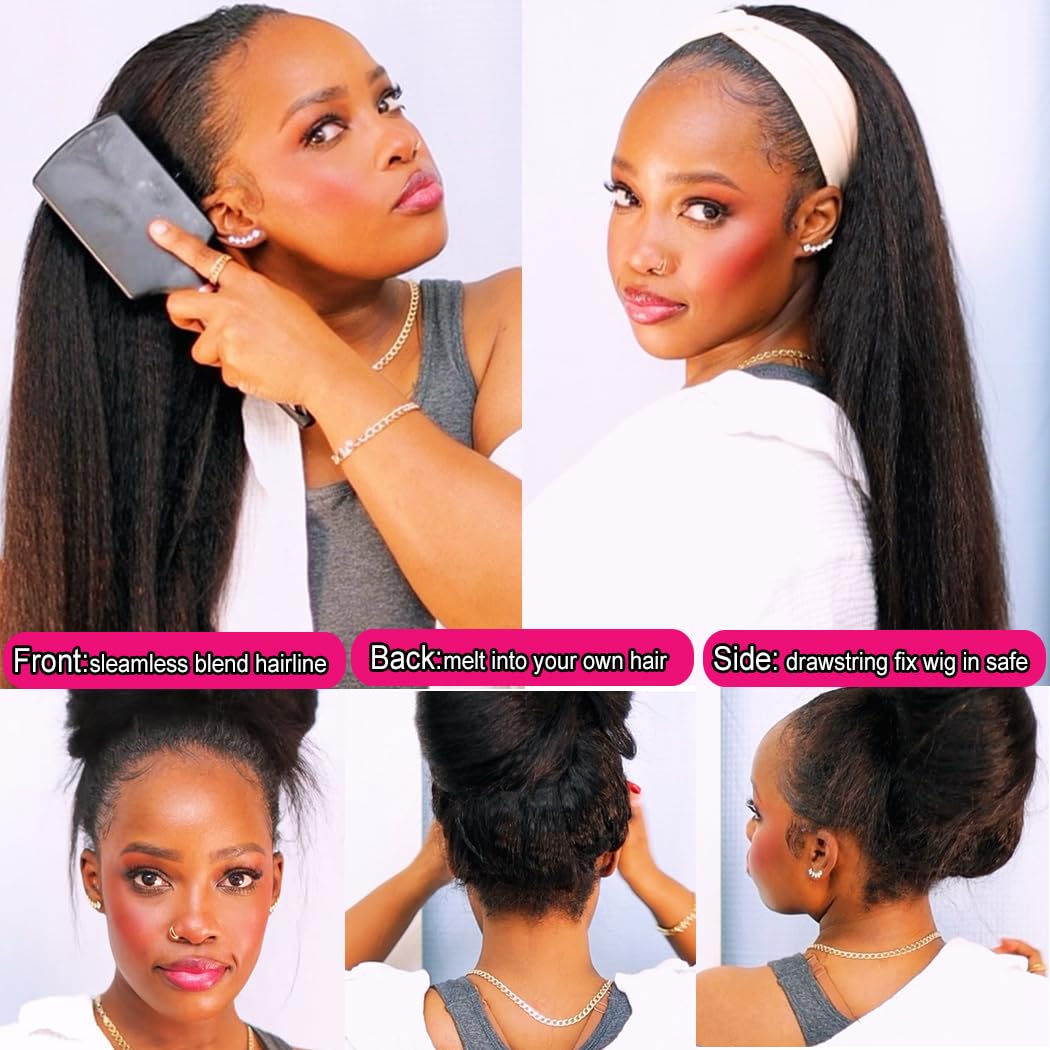 Kinky Straight Half Wig Human Hair 200 Density 3 In 1 Seamless Flip Over Half Wigs Human Hair Glueless Wear and Go Beginner Friendly Kinky Straight Human Hair Drawstring Headband Wig for Women 20 Inch - Image 5