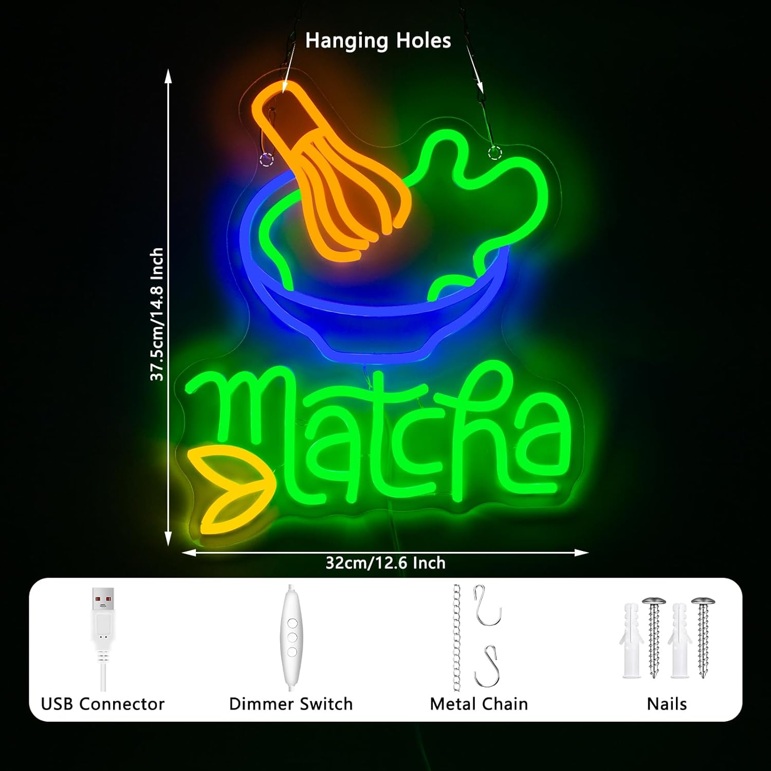 Matcha Neon Sign, Dimmables Japanese Tea Neon Signs for Wall Decor, Whisk and Bowl Led Light Up Signs for Restaurant Home Bar Tea Shop Kitchen Party Decorations