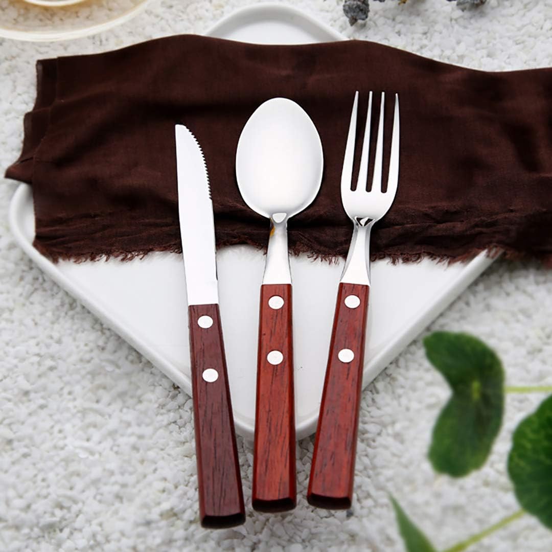 Authda Wood Handle Cutlery Set,Flatware Sets Stainless Steel Knife Fork Spoon with Wooden Handle Steak Knives Utensils Set for Home Dishwasher-safe (18pcs 6 of each)