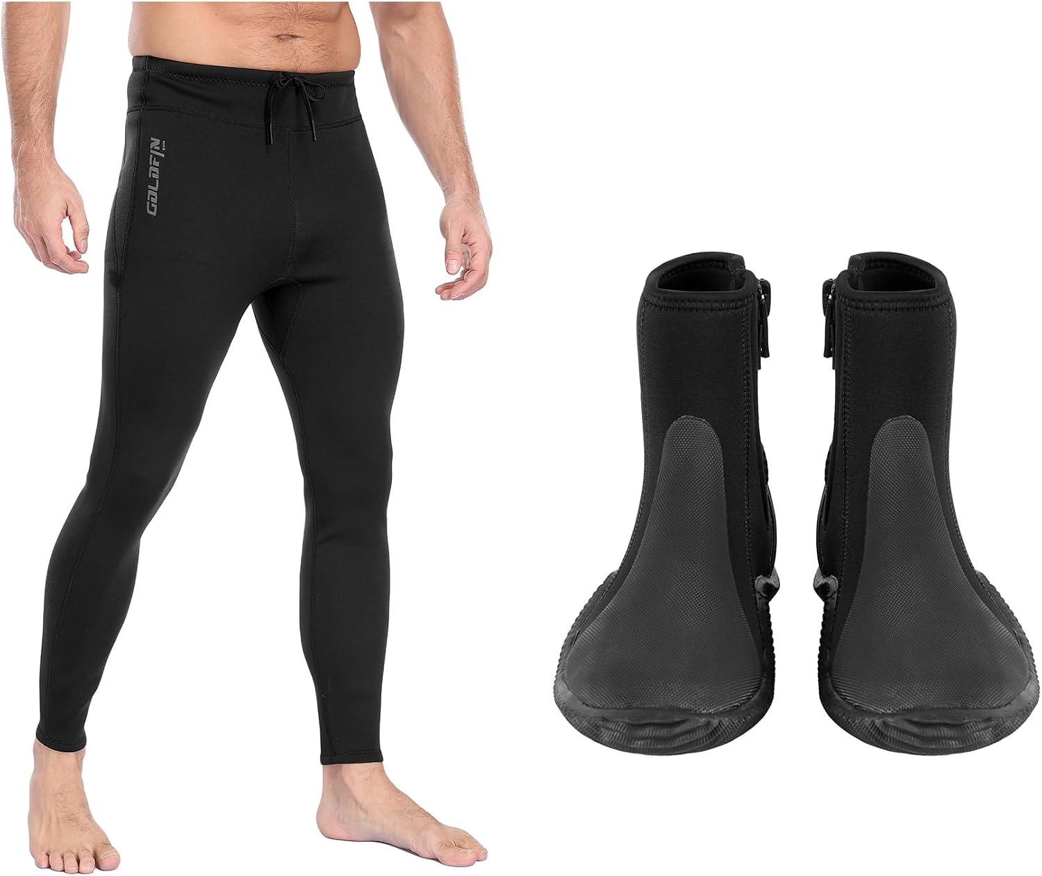 GoldFin Men Wetsuit Drawstring Pants 2mm Black X-Large + Diving Boots 3MM Side Zipper Size 10