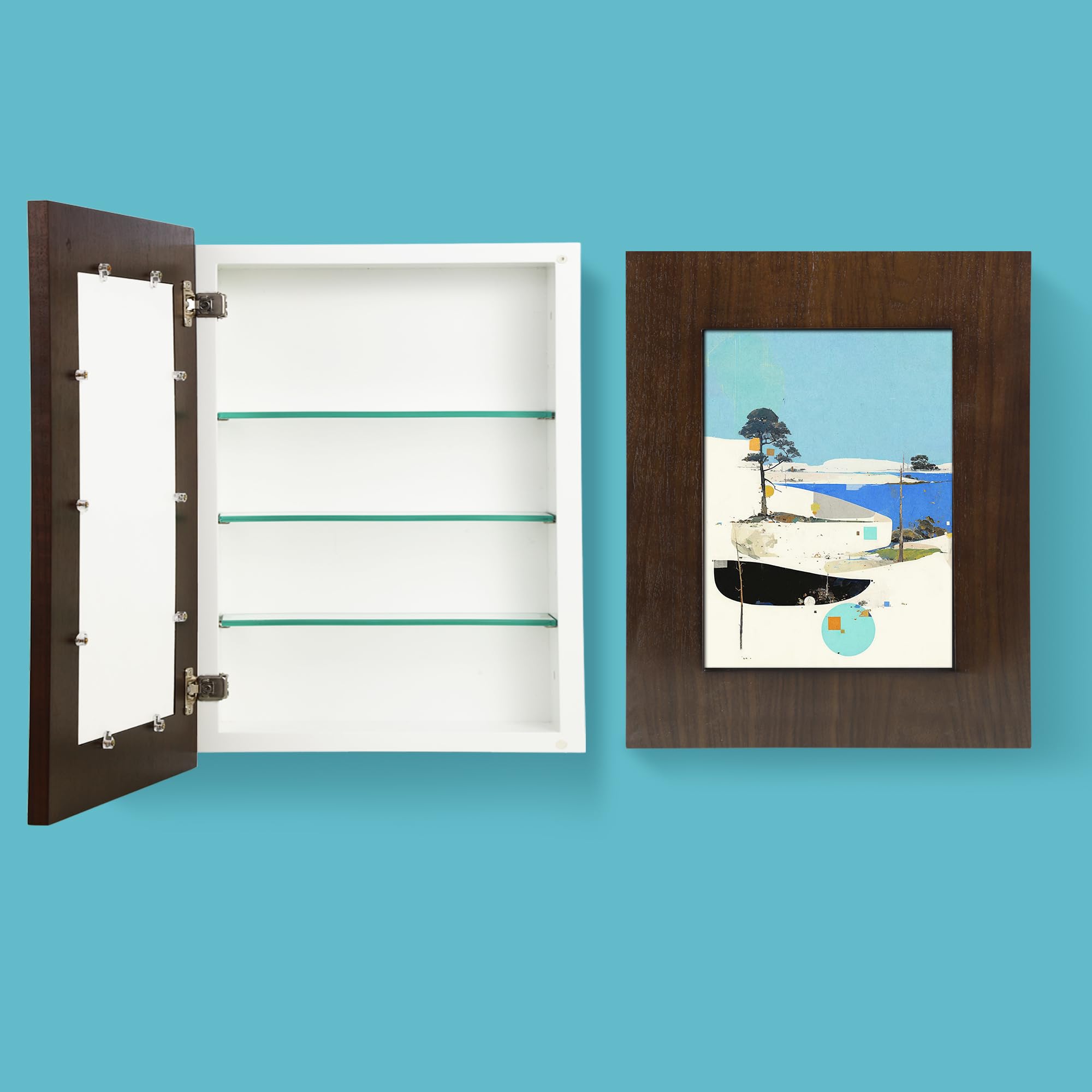 Potter-Island Concealed Medicine Cabinet 14×18 Recessed, Picture Frame Medicine Cabinet, Farmhouse White Wood Frame, 2 Shelves, 100% Handmade, Fully Assembled Wall Niche Insert for Bathroom (Espresso)