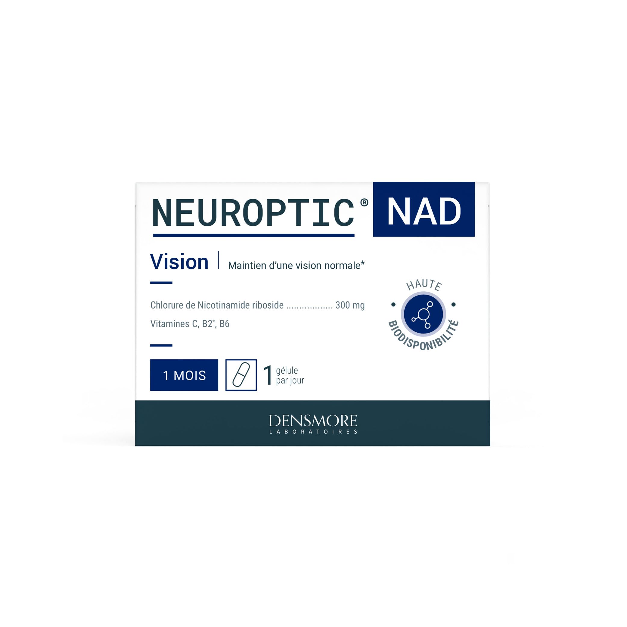 NEUROPTIC NAD - 300 mg Nicotinamide riboside - Rétablit le taux de NAD+ - Santé visuelle - Vitamines C, B2 et B6 - Complément alimentaire - 30 gélules - 1 mois