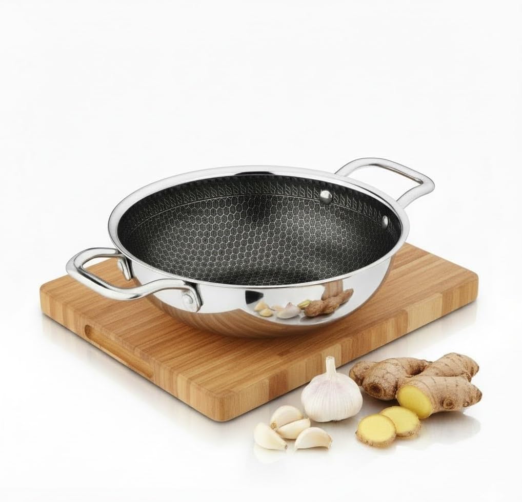 Esspy Hybrid Tri-ply Kadai | Stainless Steel Kadai for Cooking | 26cm/10.2 inch, 3.5Ltr | Non-Stick 3-Layer Body | Induction & Gas Stove Compatible | Fast & Even Heating