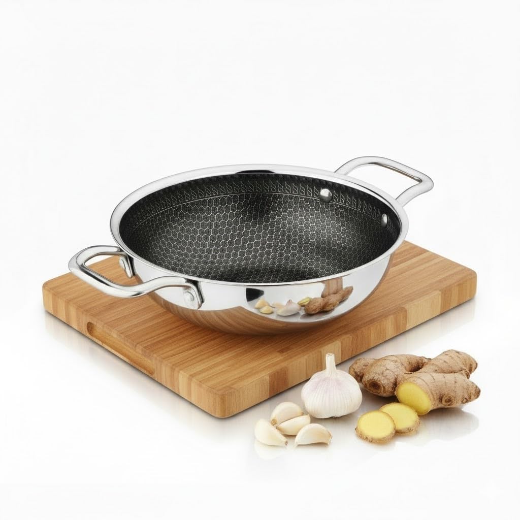 Esspy Hybrid Tri-ply Kadai | Stainless Steel Kadai for Cooking | 26cm/10.2 inch, 3.5Ltr | Non-Stick 3-Layer Body | Induction & Gas Stove Compatible | Fast & Even Heating