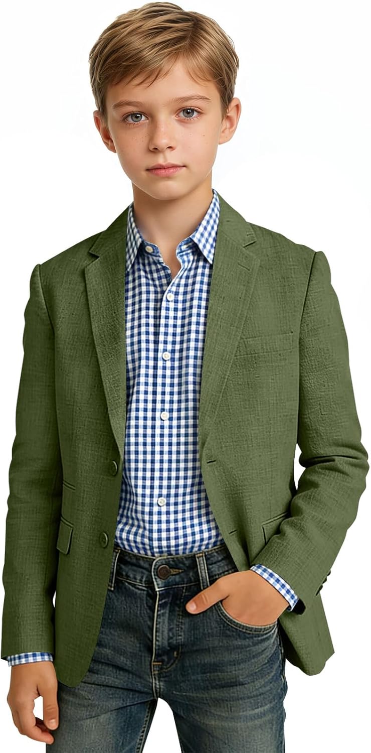 Boys Linen Suit Jacket Retro Formal Slim Fit Blazer for Kids Casual Lightweight Sport Coats Summer Wedding School Uniform