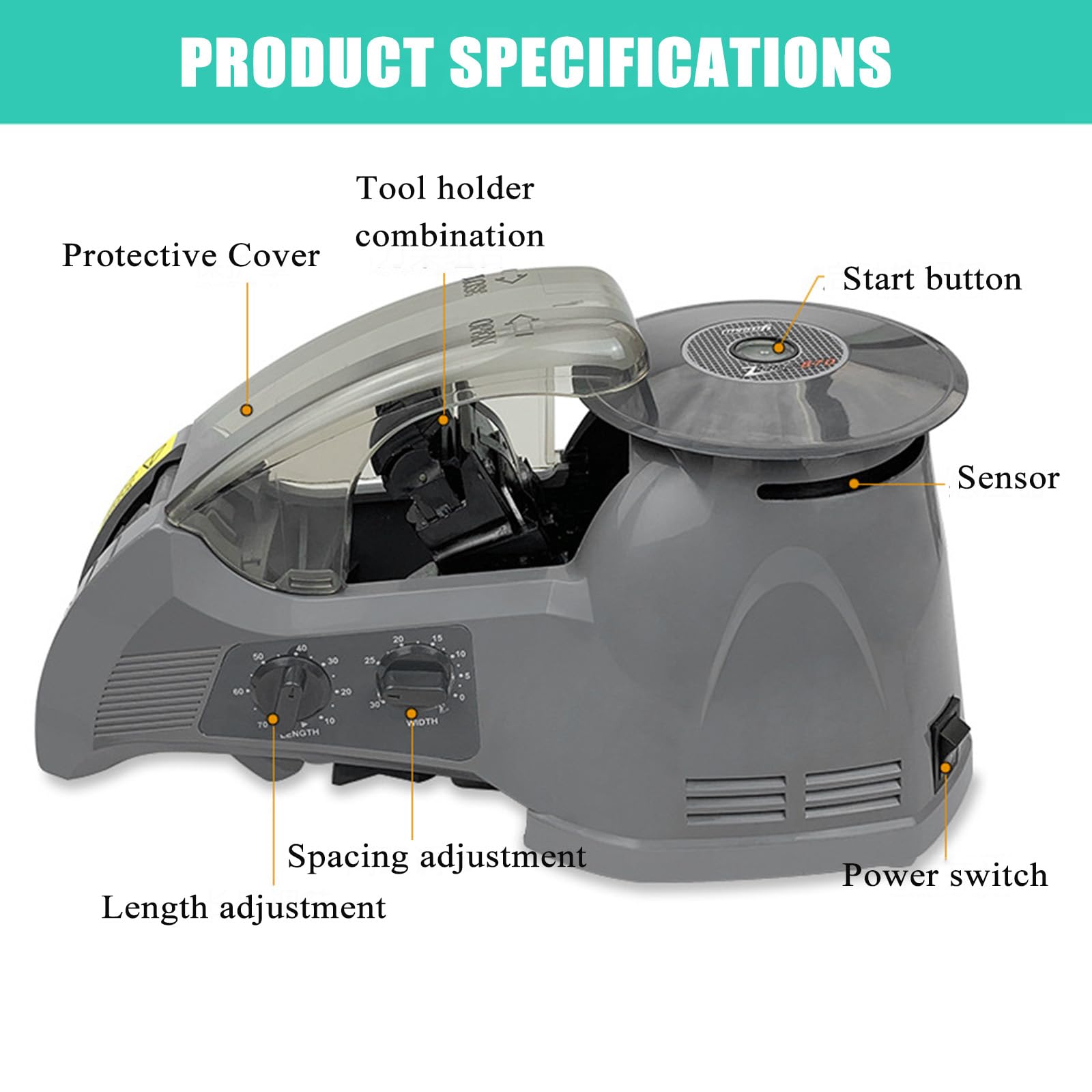 Dispenser elettrico per scotch e nastro biadesivo, macchina da taglio efficiente, lunghezza regolabile 15-70 mm e larghezza 3-25 mm, ideale per ufficio e scuola