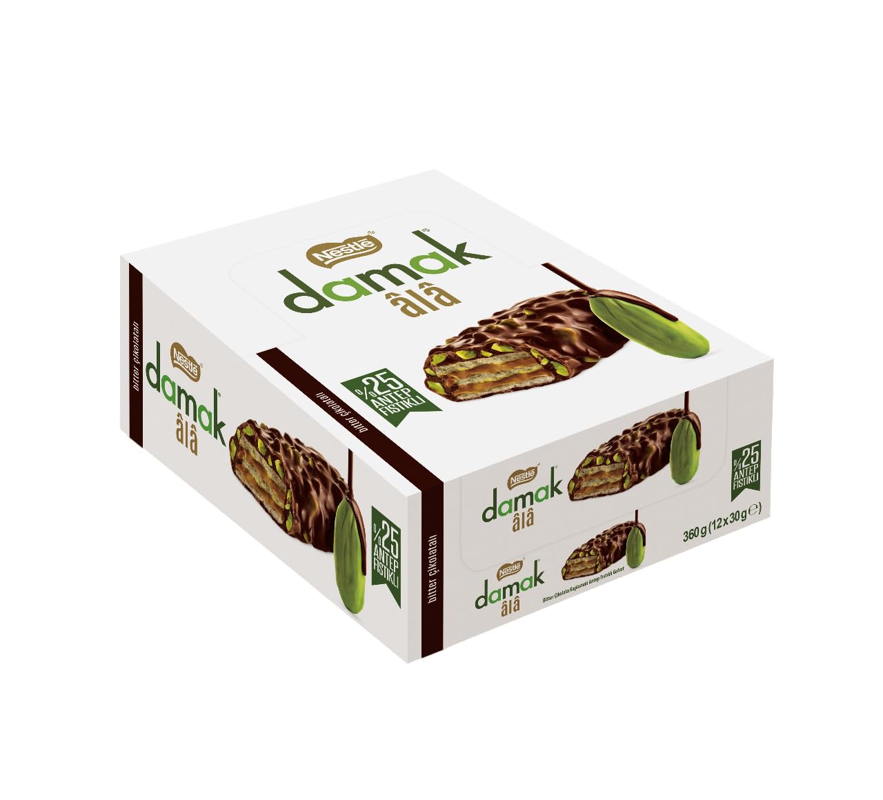 Nestlé Damak Ala Bitter Çikolata Kaplamalı Antep Fıstıklı Gofret 30 Gram x 12