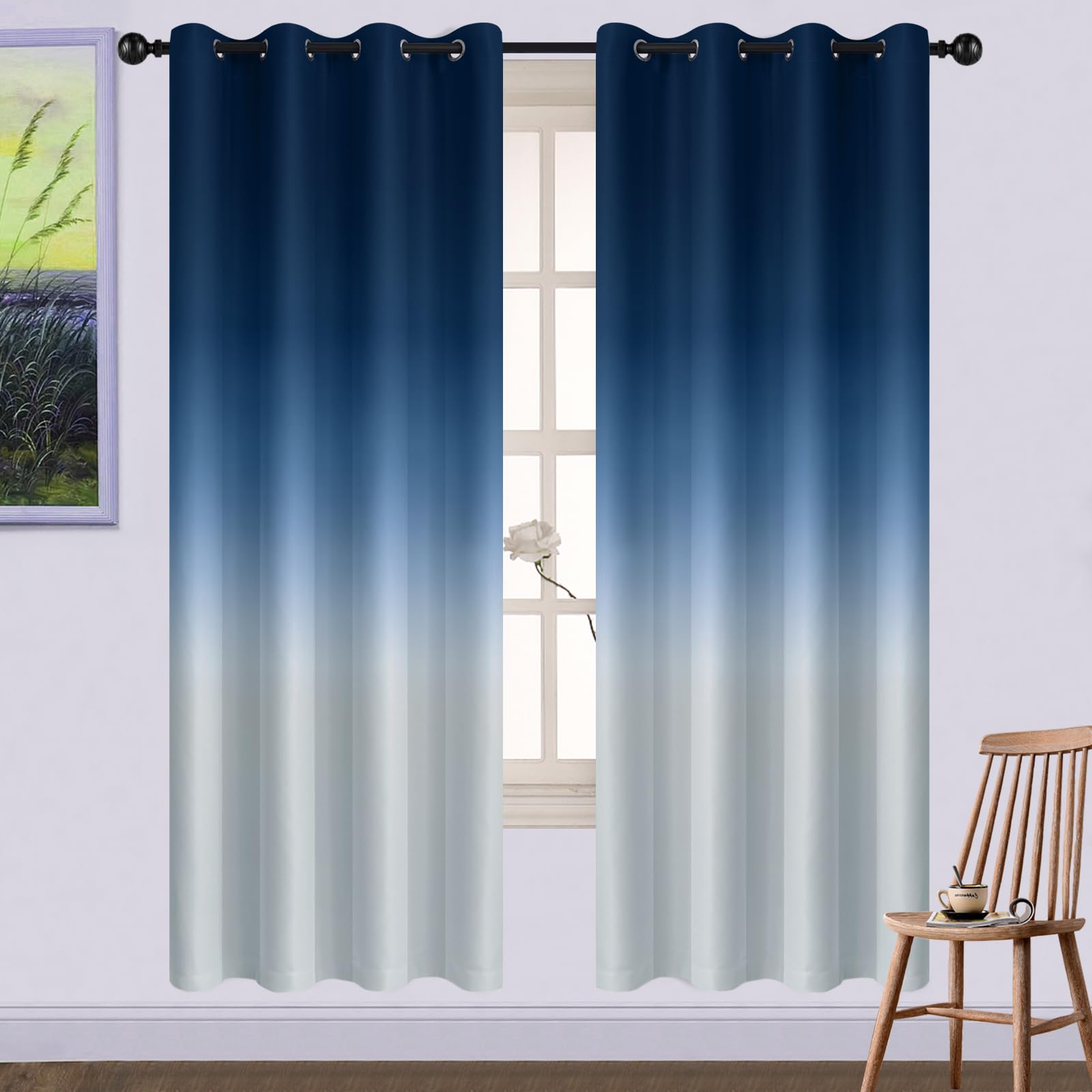 Yakamok Blackout Window Curtains, 72 Inch Length Ombre Light Blocking Grommet Window Drapes, Room Darkening Gradient Color Curtains for Bedroom (Blue and Greyish White, 52x72 Inch, Set of 2) โ image 1