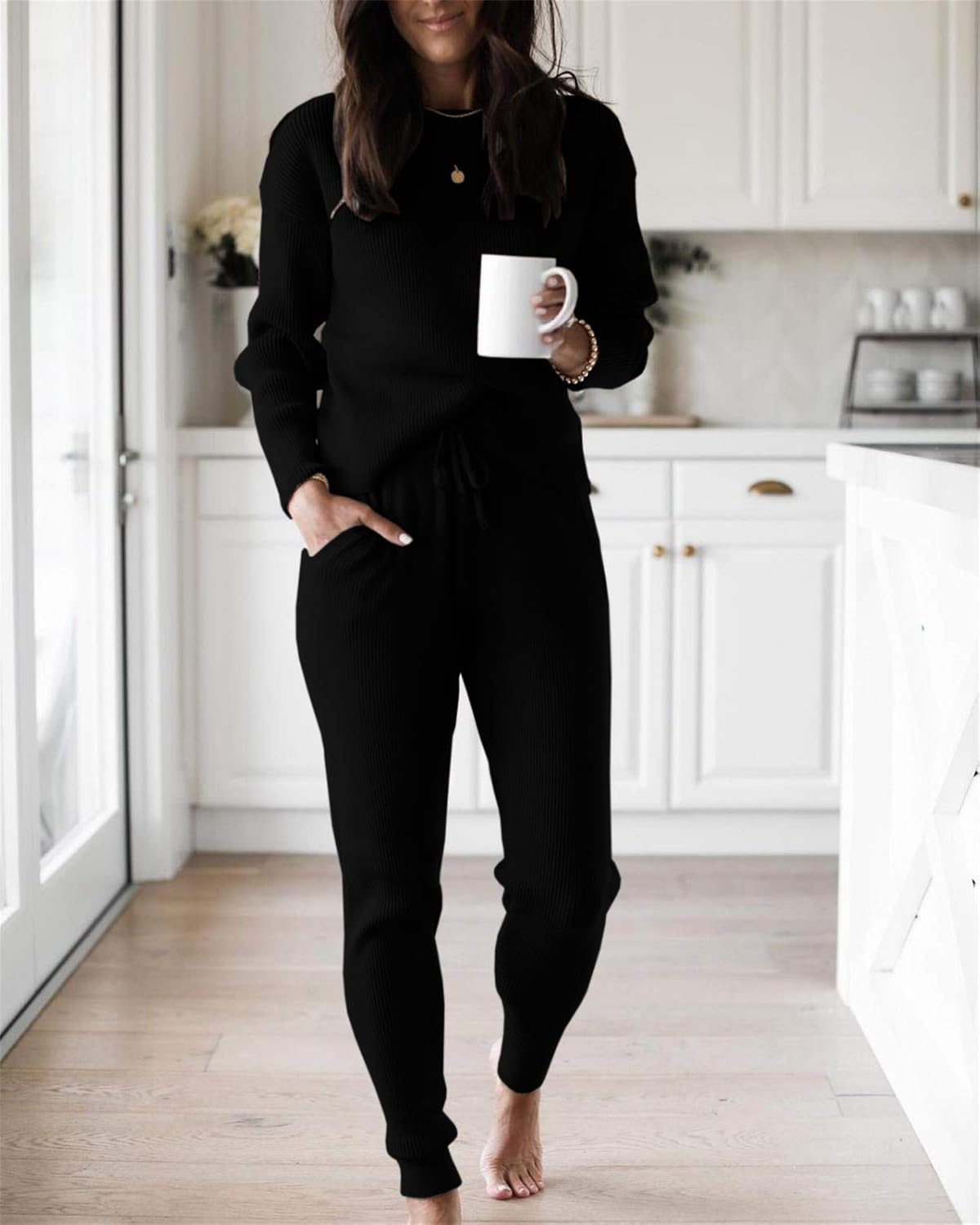 Eurivicy Women's Fall Rib Knit 2 Piece Outfit sets Long Sleeve Pullover Sweater Top and Drawstring Long Pants with Pockets - Image 3