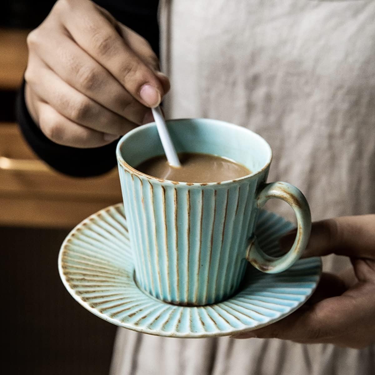Coffee Cup And Saucer Set, Japanese Style Afternoon Tea Cup Dessert Plate Porcelain Tea Cup Breakfast Milk Oat Mug For Home, Restaurants - Green, 200 Ml
