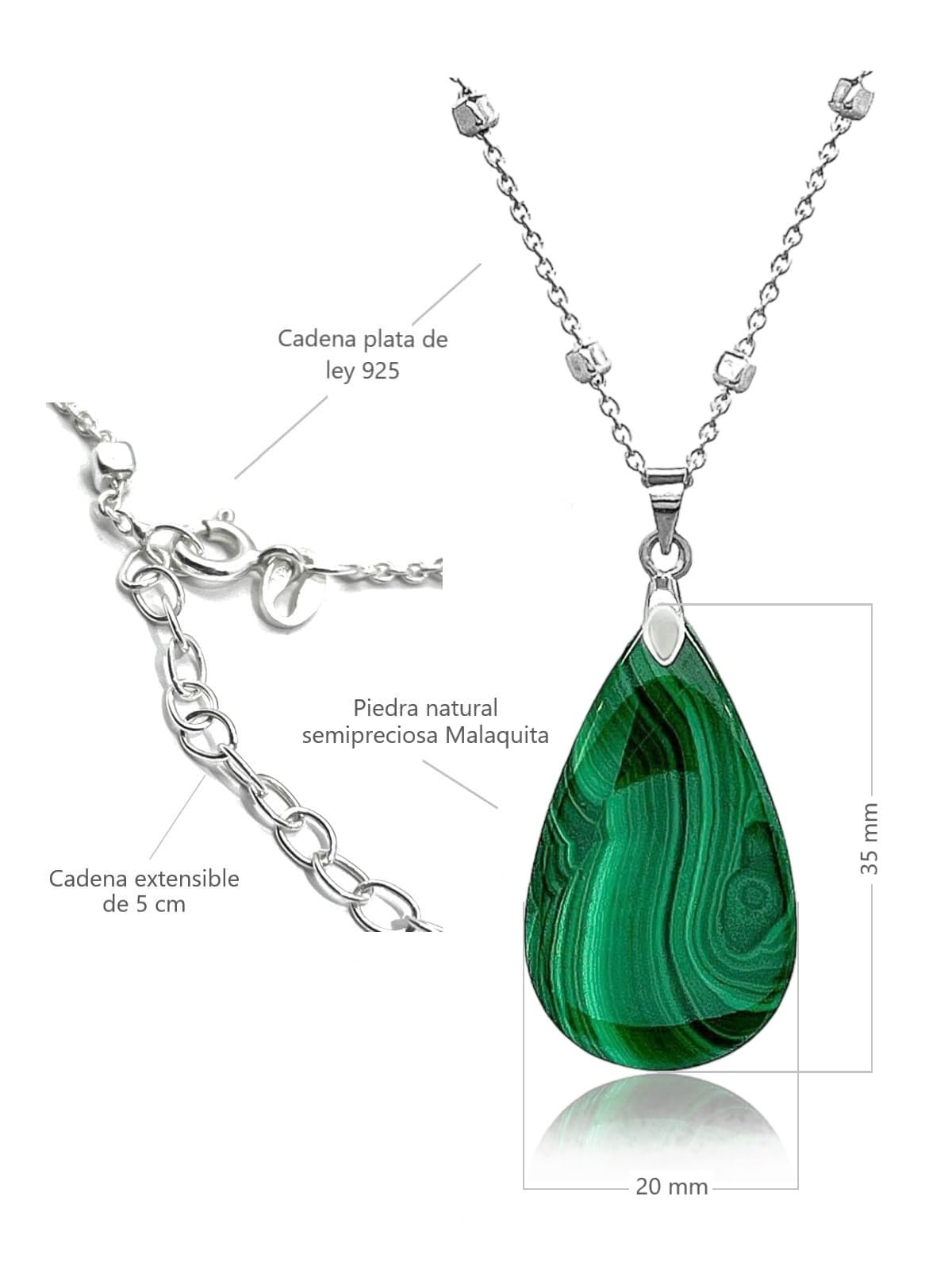 Collar para mujer plata de Ley 925 con colgante gota de agua lagrima - Piedras semipreciosas naturales malaquita curativas y energeticas - Amuletos para la buena suerte