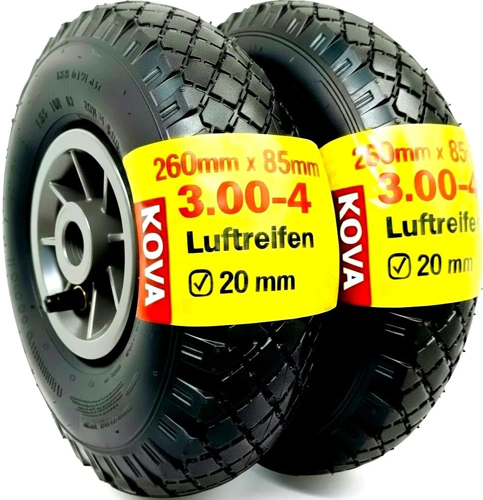 KOVA 2 x Pneumatic Wheelbarrow Wheels 3.00-4, 260 x 85 mm, Hub Ø 20 x 75, Tyres with Hose and Wheel, Air Forklift, Spare Wheels, Wheelbarrows, Wheel Bearings, Valve