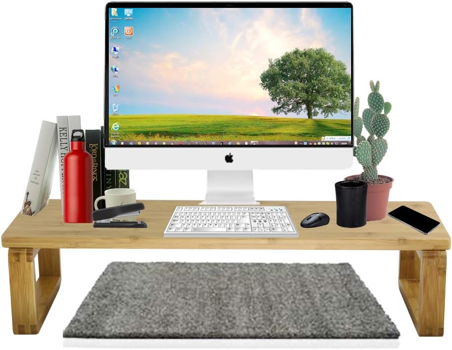 Bamboo Monitor Stand Riser Desk Storage Organizer Screen Standing for Laptop, iMac, Screens, Keyboard & PC, UltraWide Monitor - Wood