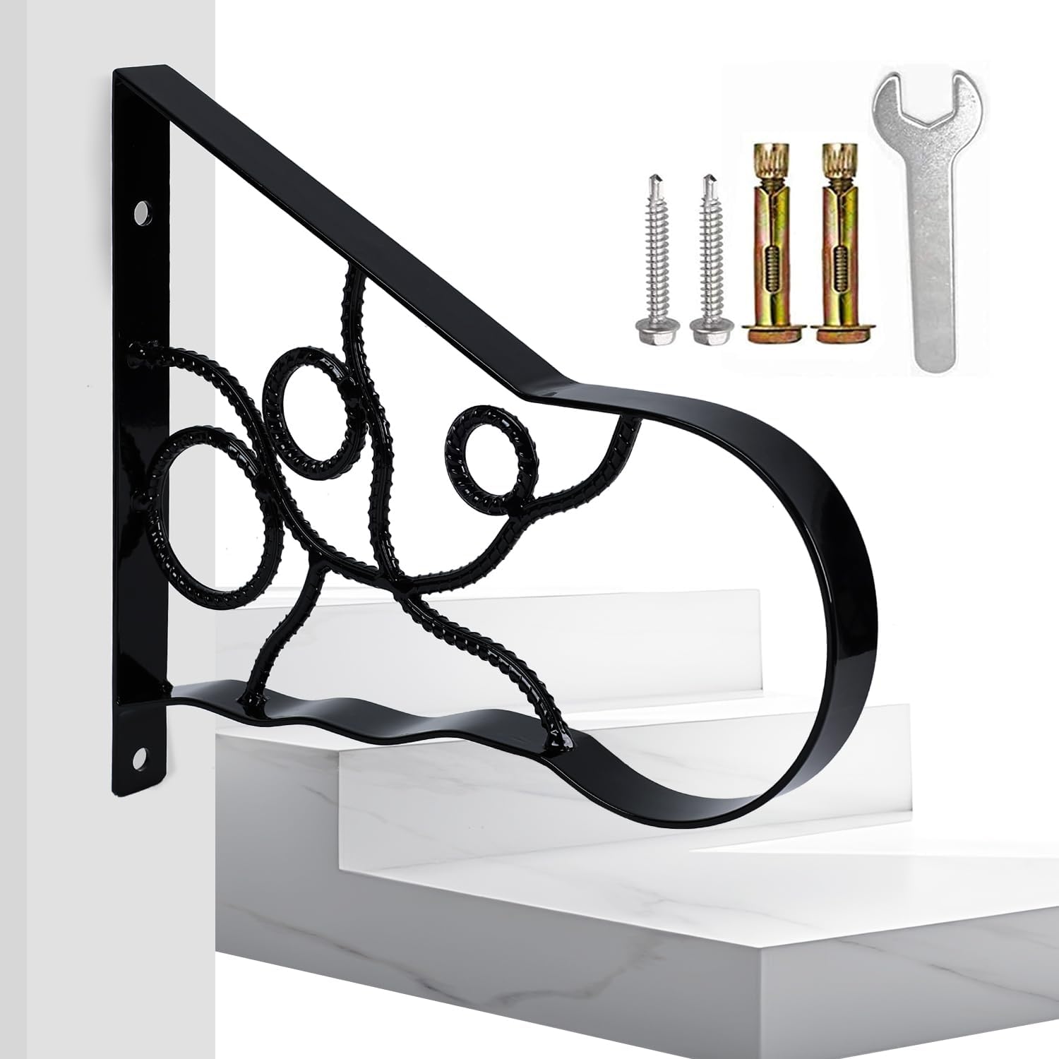 Yahpetes Porch Handrail 1 Step Stair Handrails Wall Mounted Wrought Iron Hand Railing Stair Post Mount Grab Support Bar Hand Rail for Wall Mounted Chains Ornamental Handrail