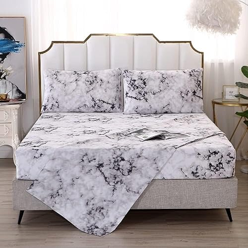 MAG Marble Bed Sheet,4PCS Black White and Gray Twin Size,