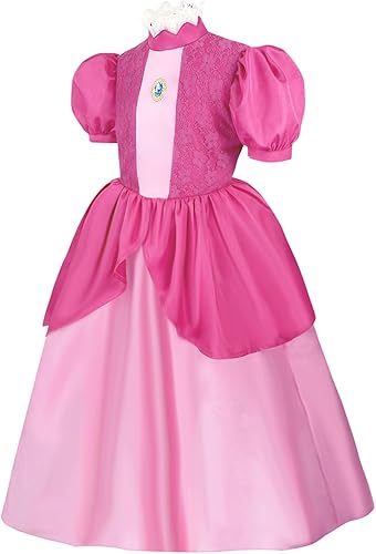 Miniatura 3 de SPORTBANG Disfraz de princesa melocotón para niñas, vestido de princesa melocotón con accesorios de corona, disfraz de Halloween y cosplay
