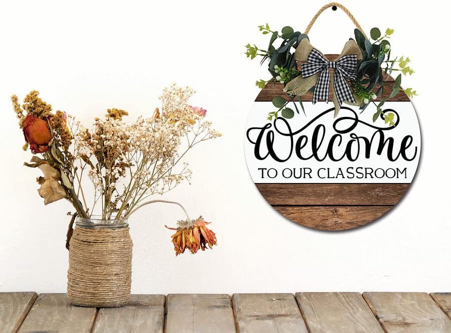 Miniatura 2 de Letrero de puerta delantera con texto en inglés "Welcome To Our Class" para puerta delantera, coronas divertidas, decoración de madera rústica,