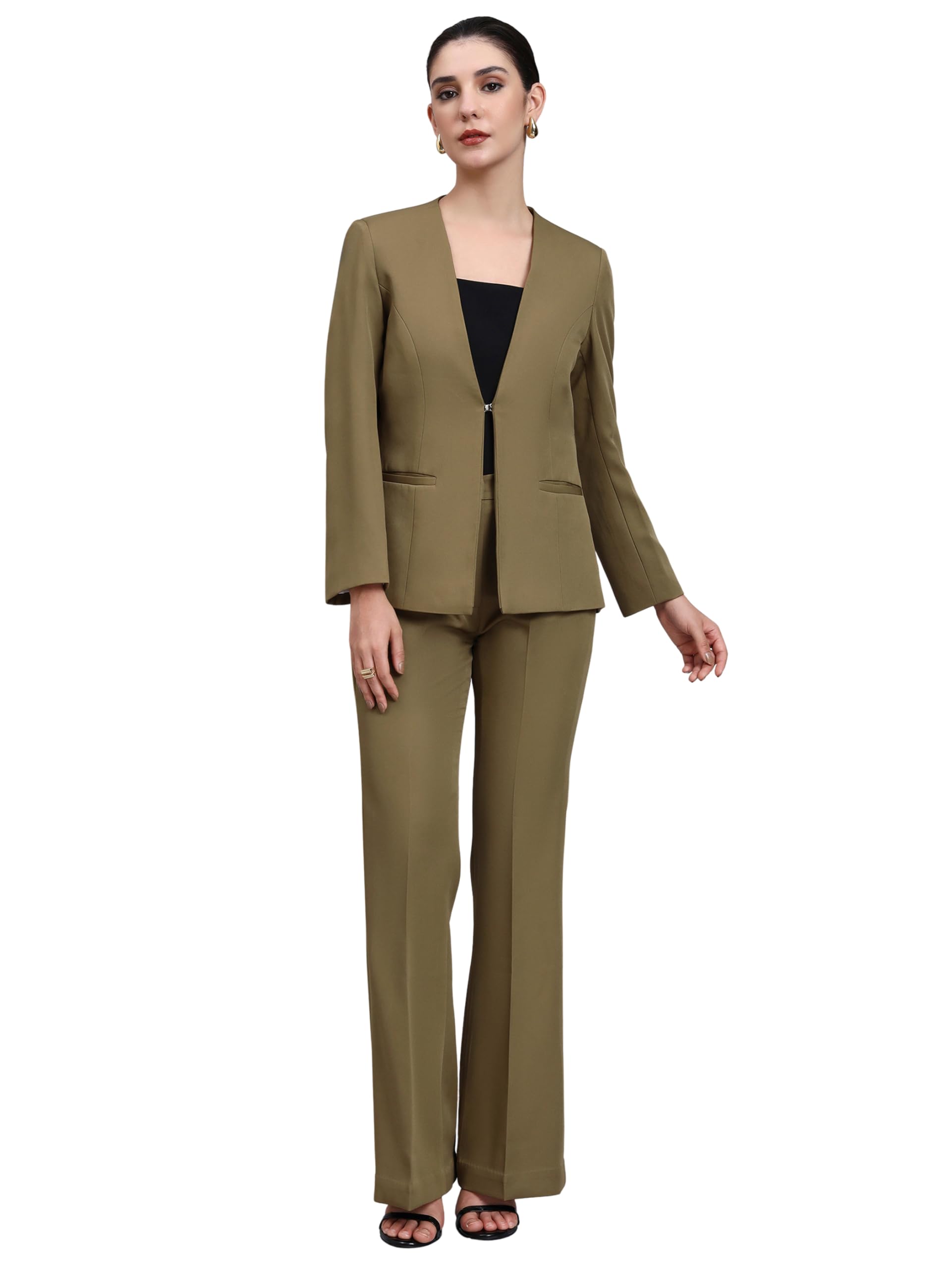 powersutra Willow Green Lapel-Less Blazer Set for Women | Elegant Formal Blazer & Trousers | Stylish Office Coat-picture-32