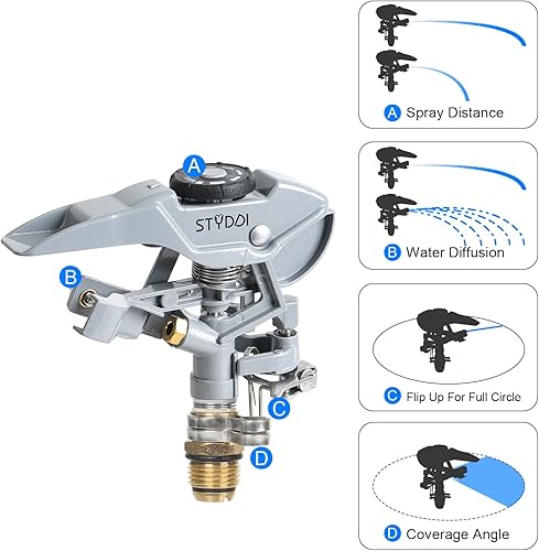 Miniatura 4 de STYDDI Cabezal de rociador de impacto de metal, cabezal de rociador de agua pulsante de aleación de zinc con rosca NPT de 1/2 pulgada, cabezal de