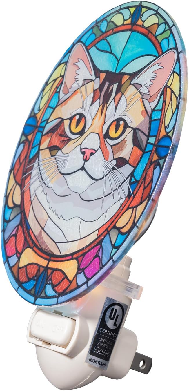 Persian Cat Stained Glass Styled Cat Night Light, Real Glass Plug-in Night Light with Vertical Outlet and On/Off Switch for Bedroom, Bathroom, Hallway, Home Decor