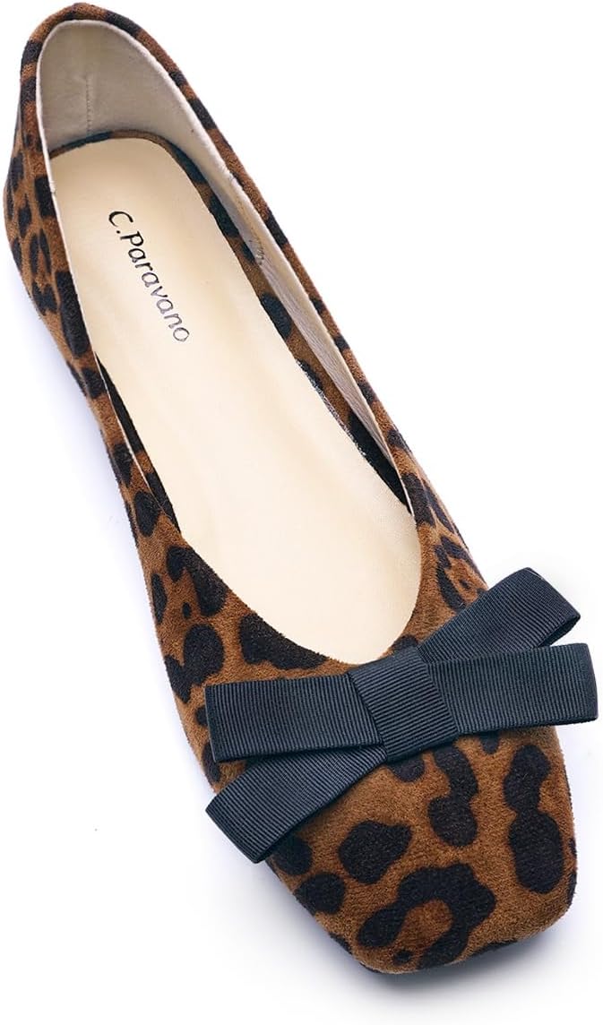 C.Paravano Women's Flats | Square Toe Flats | Bowknot Dressy Women Shoes (Size 10,Leopard)