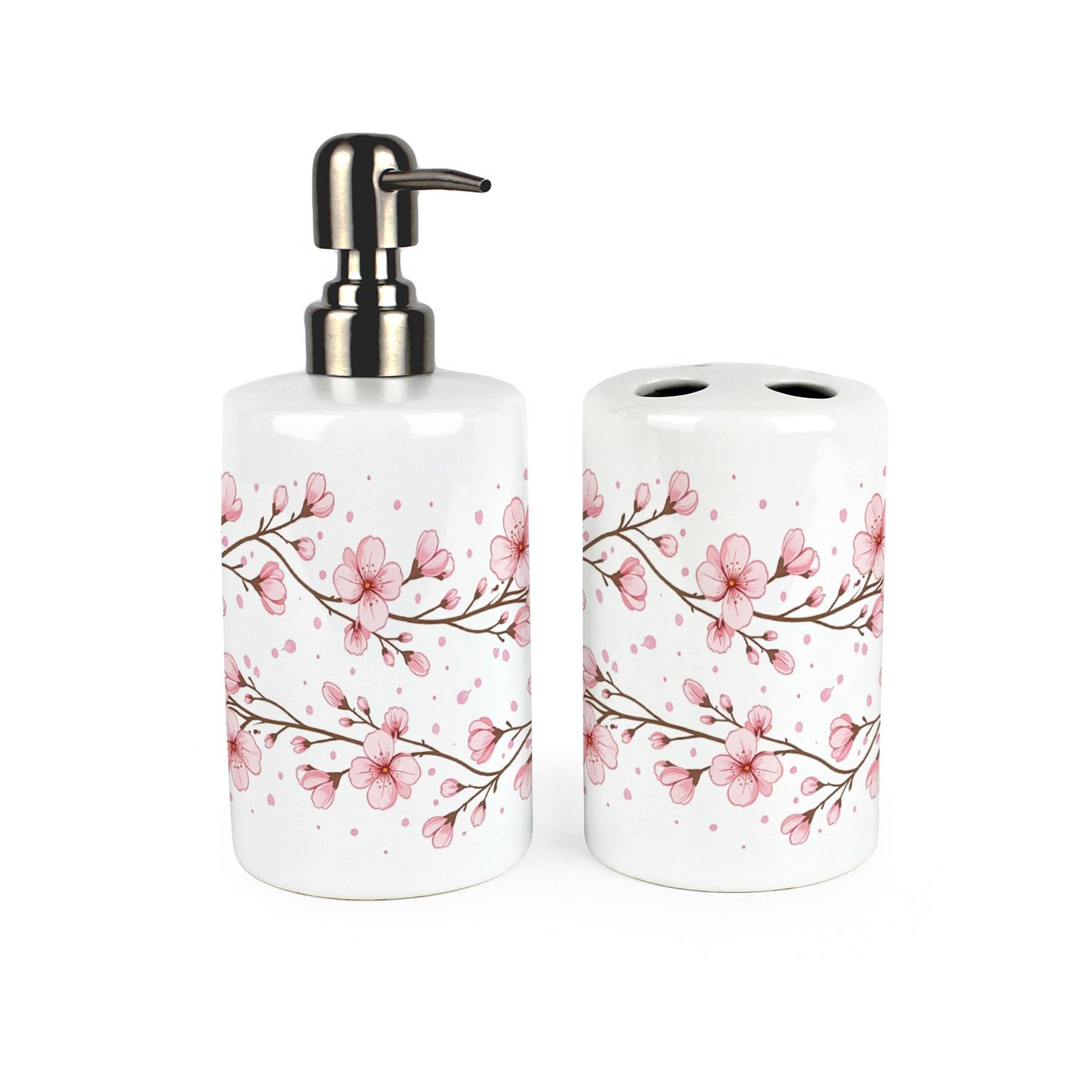 Cherry Blossoms Bathroom Set - Pink Floral Ceramic Soap Pump Bottle Dispenser & Toothbrush Holder Gift