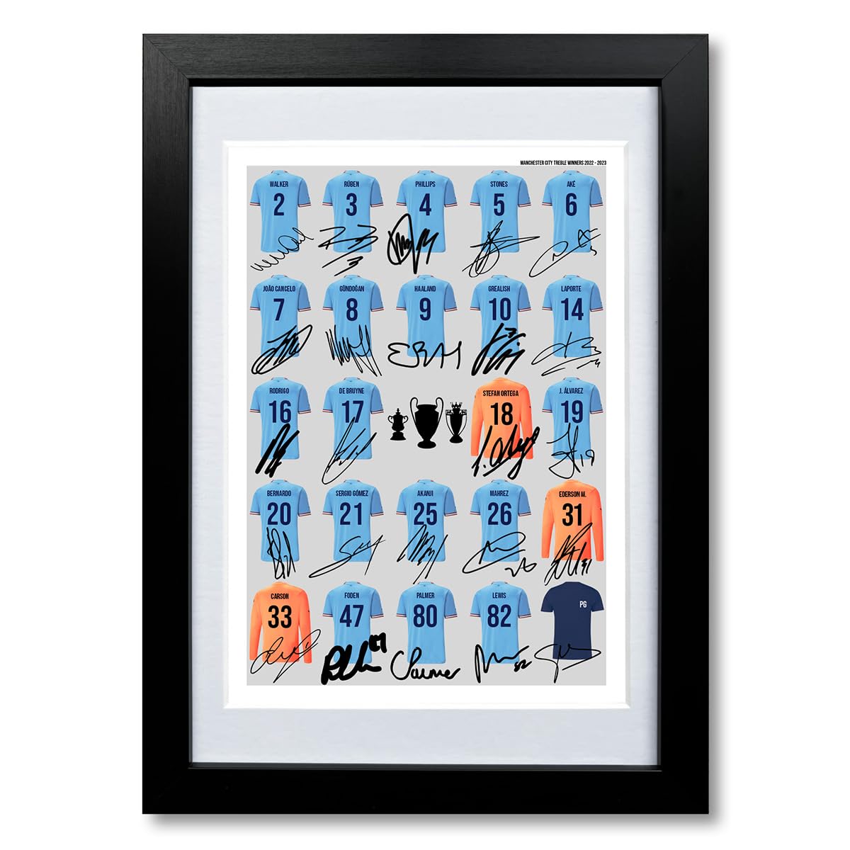 Manchester City Treble Winners team squad 2022-2023 Signed poster print framed picture photo autograph gift European Cup Haaland Man City (A4 framed & mounted)